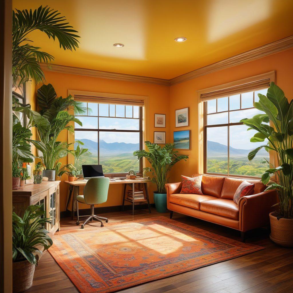 A warm and inviting travel scene featuring a friendly travel agent assisting a diverse group of happy travelers at a beautifully designed Go Jet travel office. Lush indoor plants and colorful travel brochures surround them, evoking a feeling of comfort and excitement for upcoming adventures. Incorporate bright sunlight streaming through large windows, setting a cheery ambiance. super-realistic. vibrant colors. warm tones.