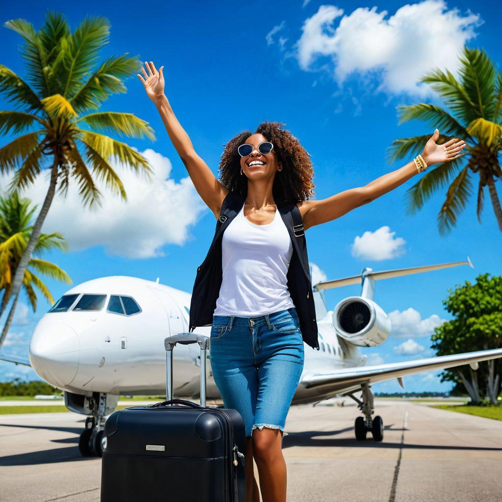 A joyful traveler with a wide smile, arms raised in excitement, standing next to a sleek Go Jet Airline plane at a vibrant airport. Lush tropical scenery in the background with bright blue skies and fluffy clouds, capturing the spirit of adventure. Include elements like colorful luggage and travel essentials. super-realistic. vibrant colors. sunny. travel-themed.