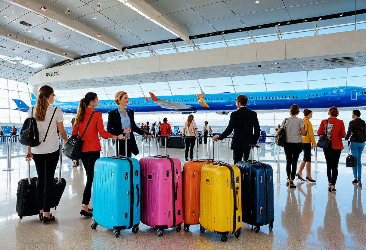 A vibrant scene of a diverse group of passengers joyfully boarding a modern airplane with the sun shining brightly above. In the foreground, luggage is piled, showcasing travel bags with international stickers. The backdrop features a friendly airport staff member assisting passengers and a digital display showing affordable flight deals. Create a sense of excitement and anticipation for budget-friendly travel. super-realistic. vibrant colors. blue sky.